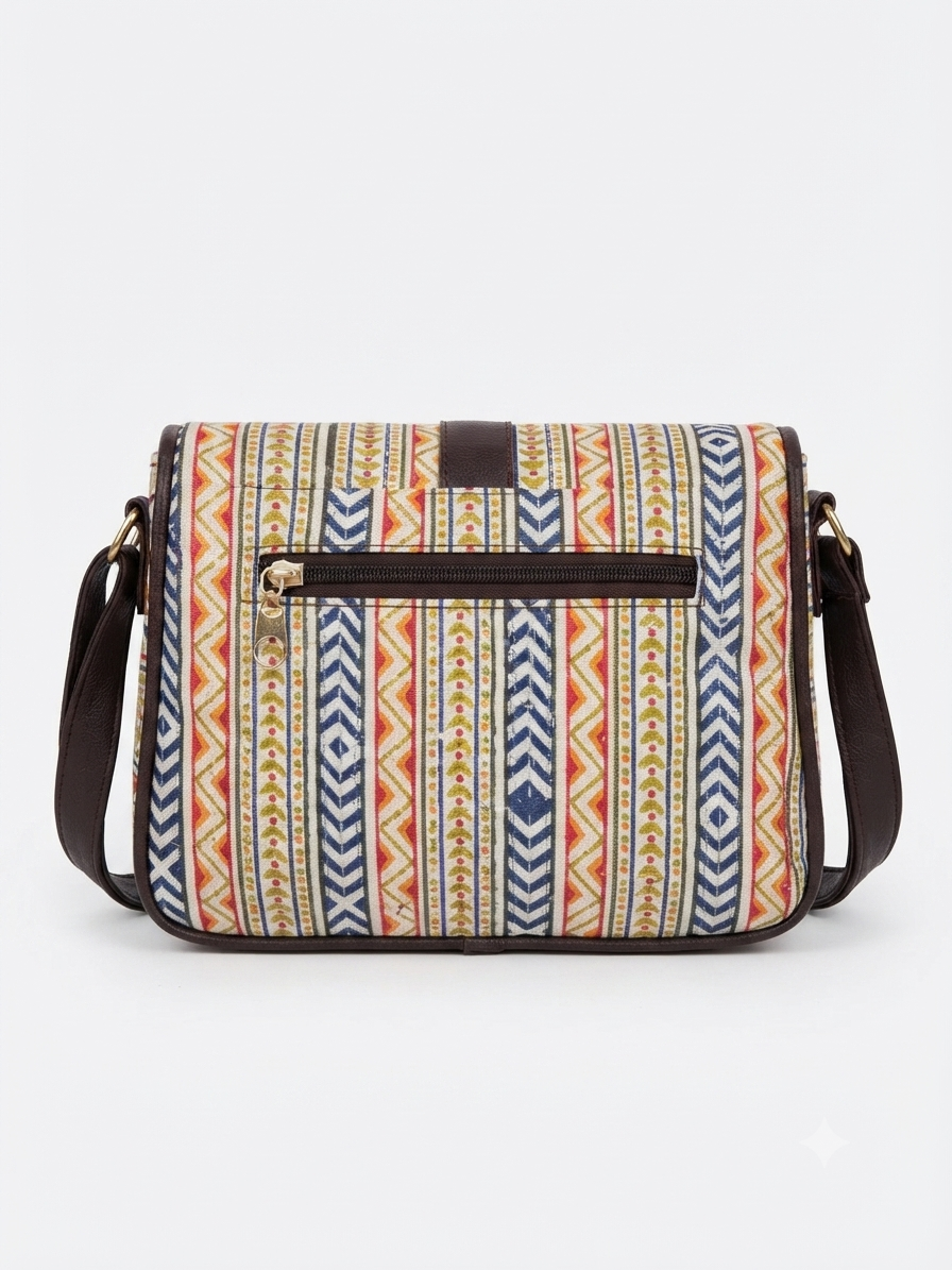 A textured crossbody sling bag featuring a vibrant multicolor front panel, shown open to display two top zipper sections and an adjustable shoulder strap.