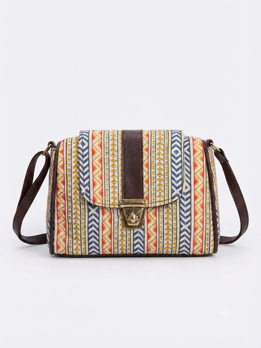 A textured crossbody sling bag featuring a vibrant multicolor front panel, shown open to display two top zipper sections and an adjustable shoulder strap.