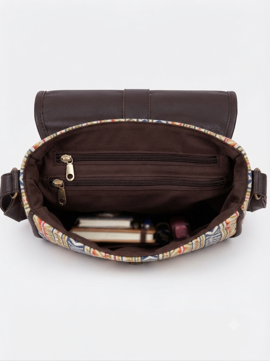 A textured crossbody sling bag featuring a vibrant multicolor front panel, shown open to display two top zipper sections and an adjustable shoulder strap.