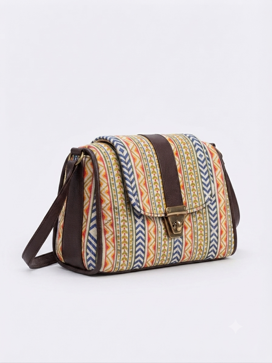 A textured crossbody sling bag featuring a vibrant multicolor front panel, shown open to display two top zipper sections and an adjustable shoulder strap.