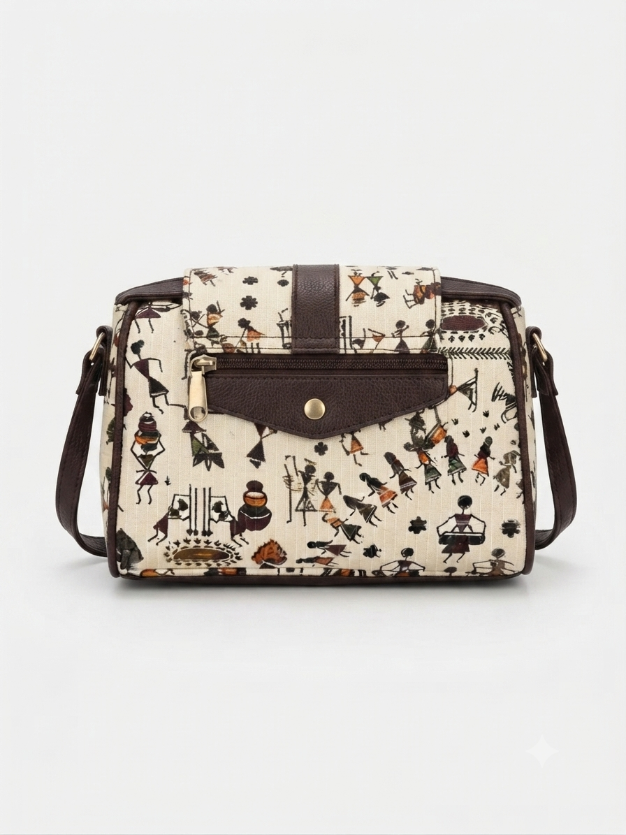 A textured crossbody sling bag featuring a vibrant multicolor front panel, shown open to display two top zipper sections and an adjustable shoulder strap.