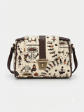 A textured crossbody sling bag featuring a vibrant multicolor front panel, shown open to display two top zipper sections and an adjustable shoulder strap.