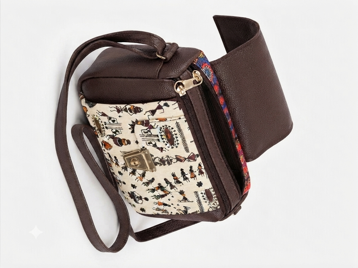 A textured crossbody sling bag featuring a vibrant multicolor front panel, shown open to display two top zipper sections and an adjustable shoulder strap.