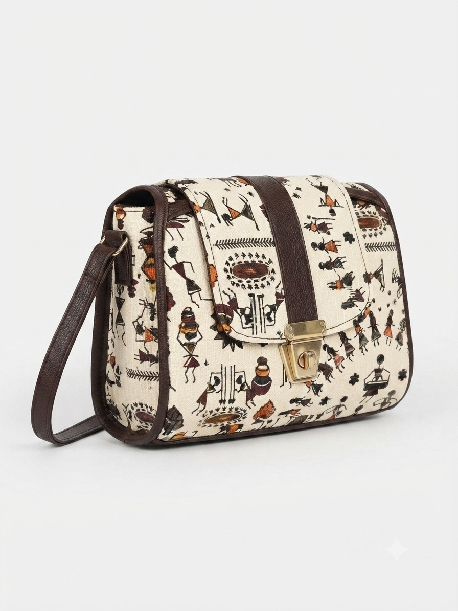 A textured crossbody sling bag featuring a vibrant multicolor front panel, shown open to display two top zipper sections and an adjustable shoulder strap.