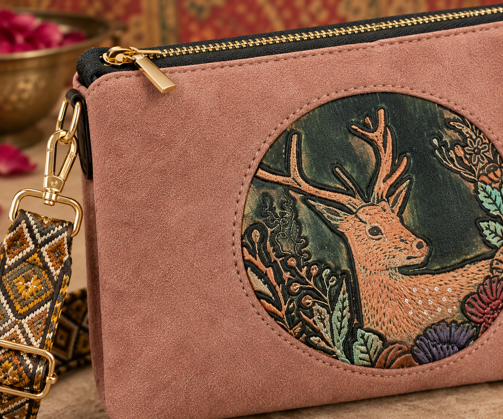 A suede multi-pocket sling bag with a circular embossed center emblem and an adjustable patterned crossbody strap.