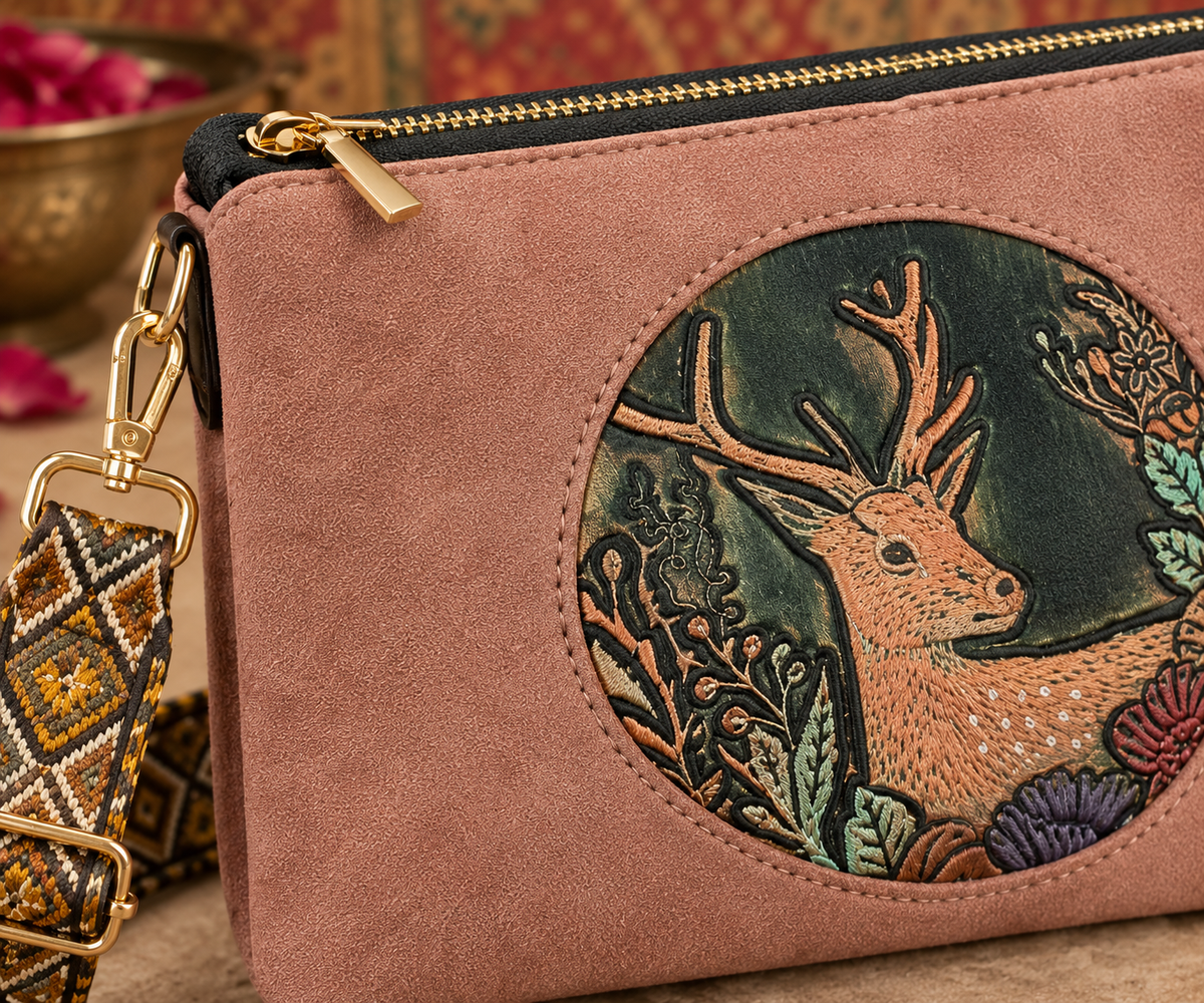 A suede multi-pocket sling bag with a circular embossed center emblem and an adjustable patterned crossbody strap.