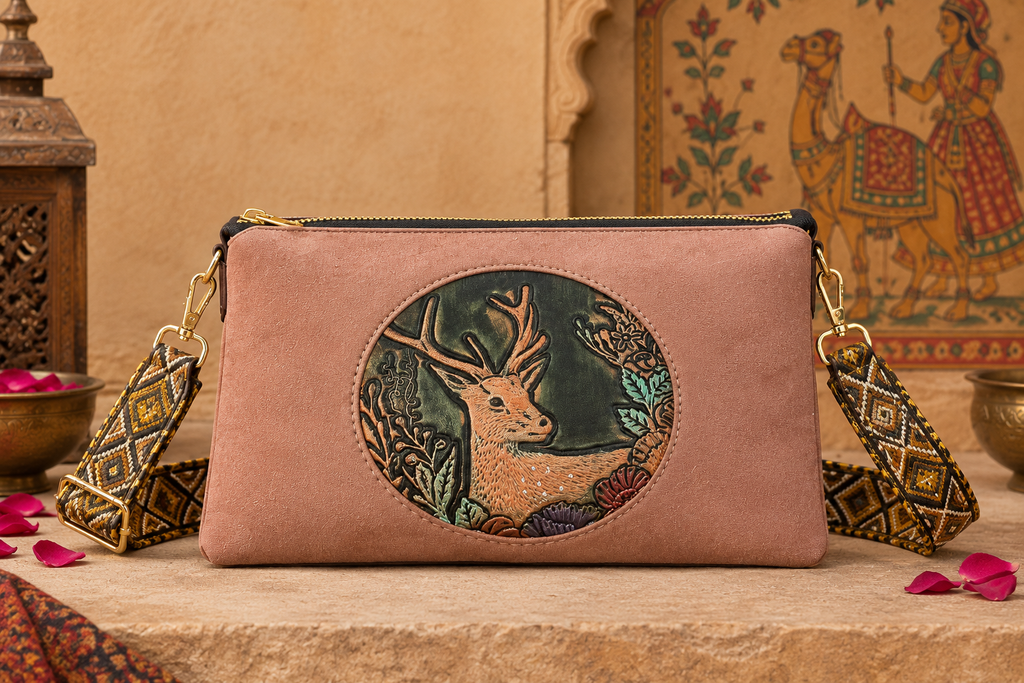 A suede multi-pocket sling bag with a circular embossed center emblem and an adjustable patterned crossbody strap.