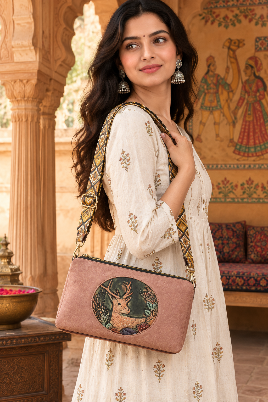 A suede multi-pocket sling bag with a circular embossed center emblem and an adjustable patterned crossbody strap.