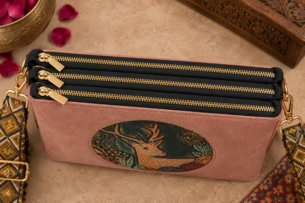A suede multi-pocket sling bag with a circular embossed center emblem and an adjustable patterned crossbody strap.