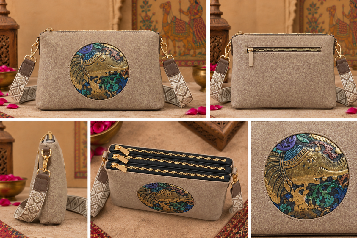 A suede multi-pocket sling bag with a circular embossed center emblem and an adjustable patterned crossbody strap.