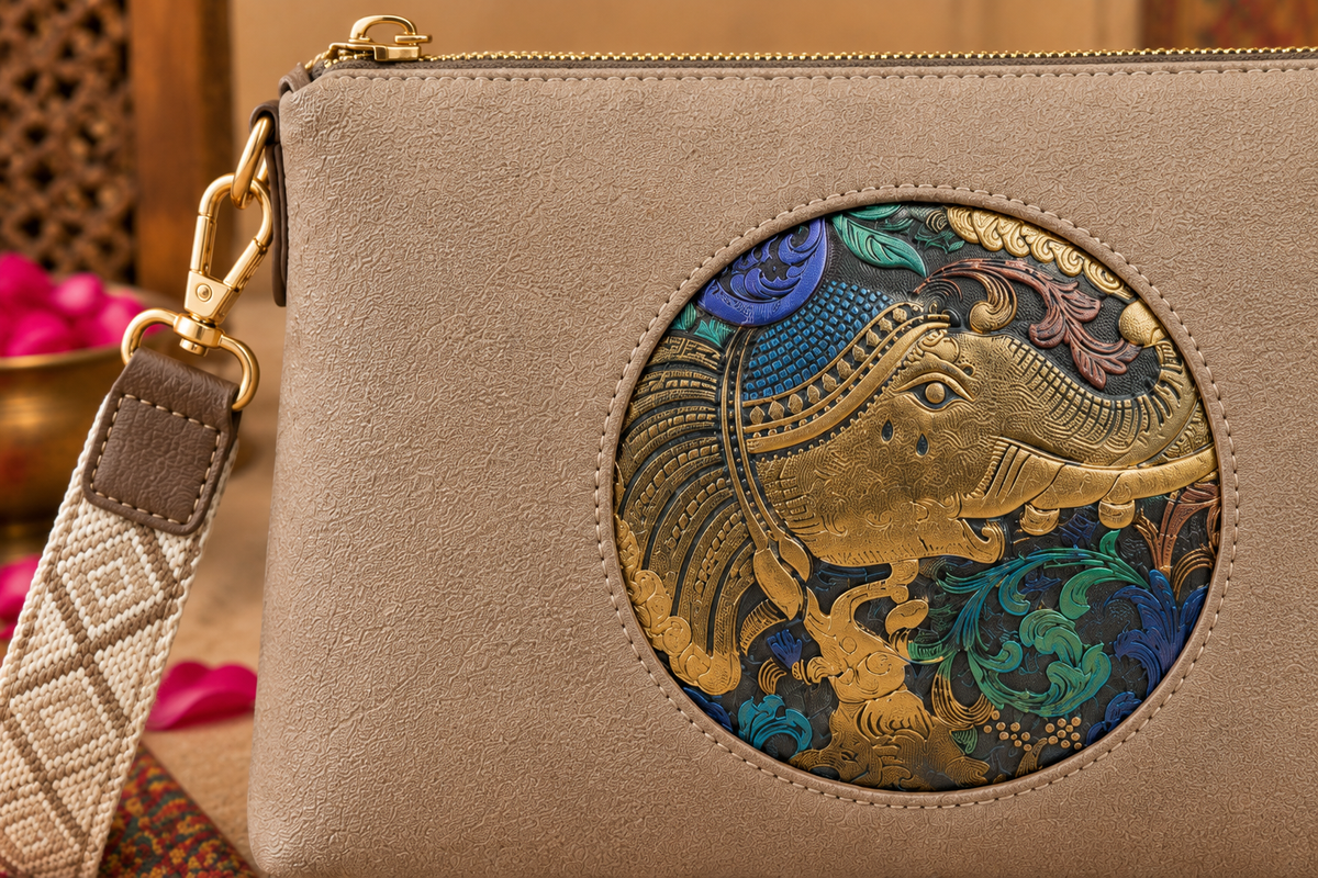 A suede multi-pocket sling bag with a circular embossed center emblem and an adjustable patterned crossbody strap.