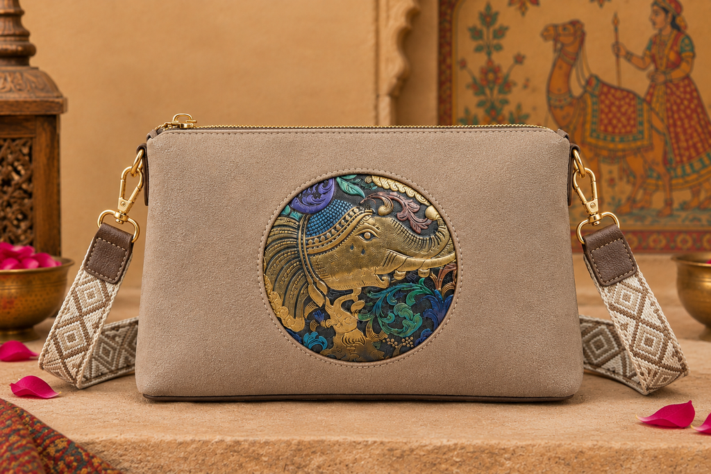 A suede multi-pocket sling bag with a circular embossed center emblem and an adjustable patterned crossbody strap.