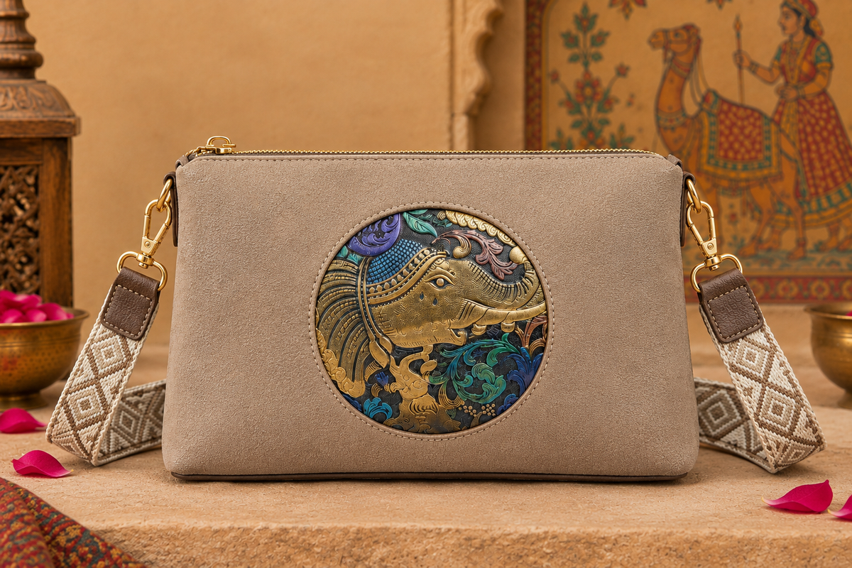 A suede multi-pocket sling bag with a circular embossed center emblem and an adjustable patterned crossbody strap.