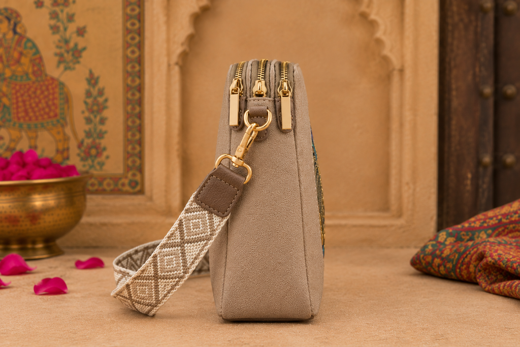 A suede multi-pocket sling bag with a circular embossed center emblem and an adjustable patterned crossbody strap.