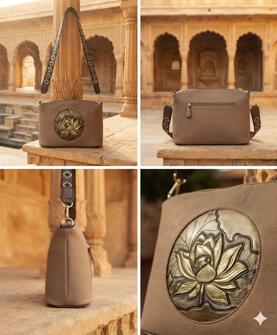 A suede multi-pocket sling bag with a circular embossed center emblem and an adjustable patterned crossbody strap.