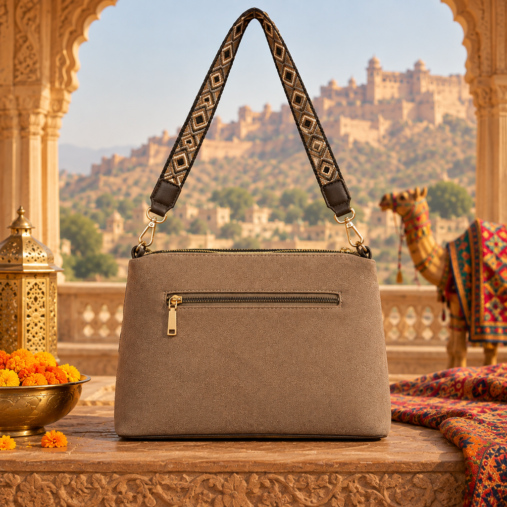 A suede multi-pocket sling bag with a circular embossed center emblem and an adjustable patterned crossbody strap.