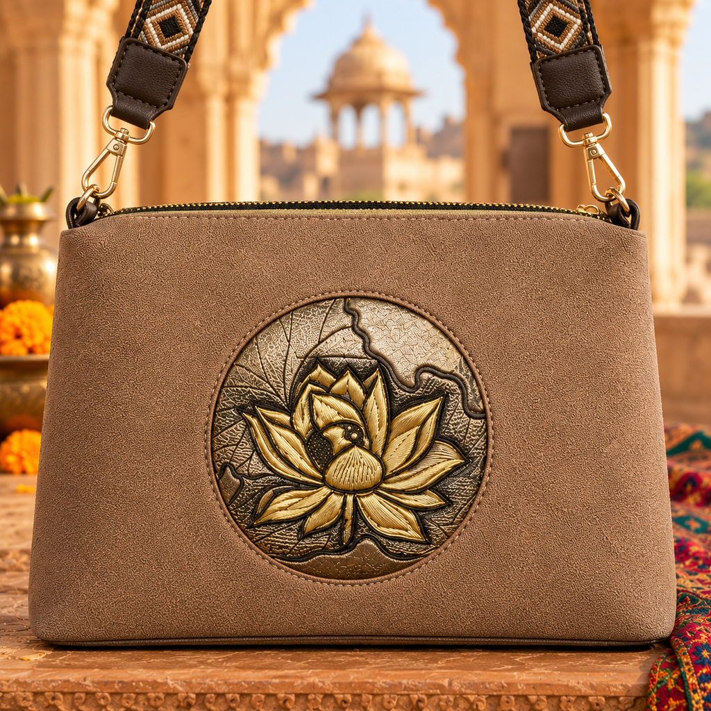 A suede multi-pocket sling bag with a circular embossed center emblem and an adjustable patterned crossbody strap.