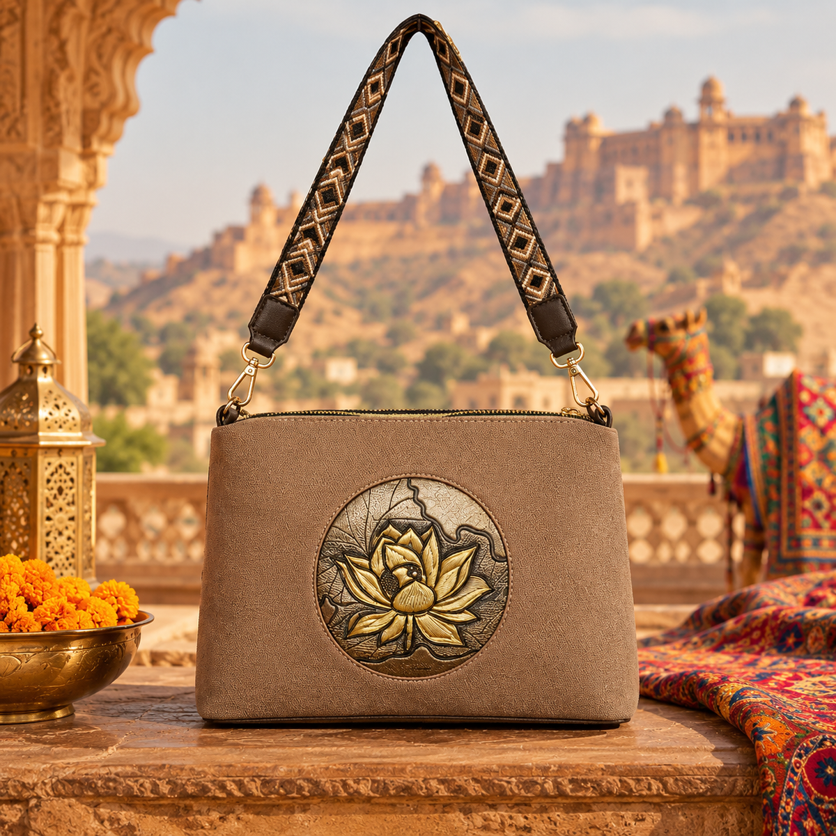 A suede multi-pocket sling bag with a circular embossed center emblem and an adjustable patterned crossbody strap.