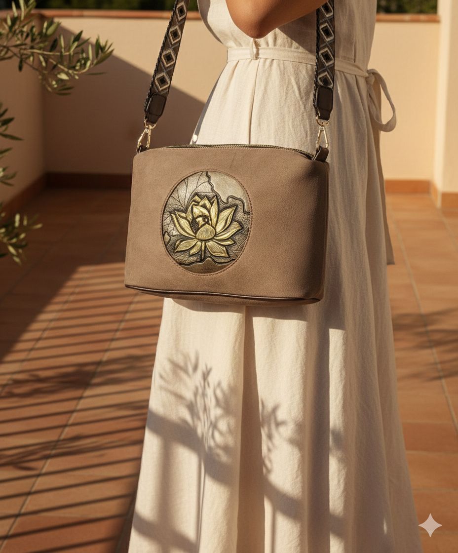 A suede multi-pocket sling bag with a circular embossed center emblem and an adjustable patterned crossbody strap.