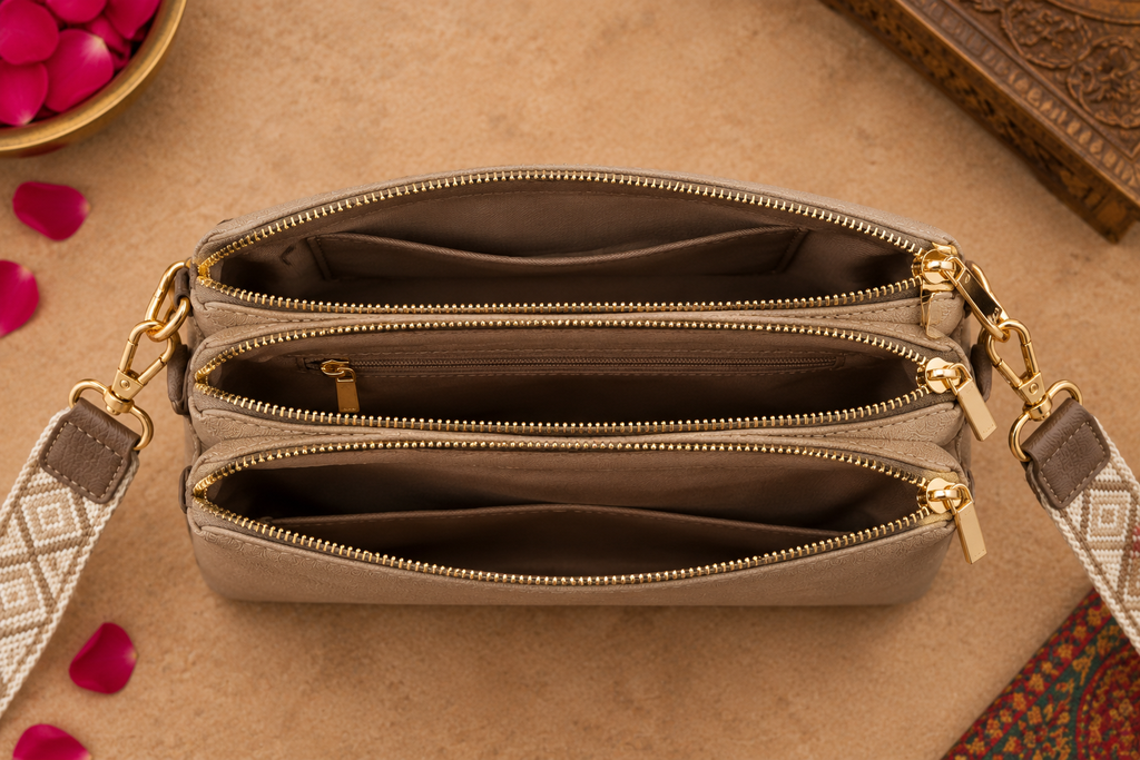 A suede multi-pocket sling bag with a circular embossed center emblem and an adjustable patterned crossbody strap.