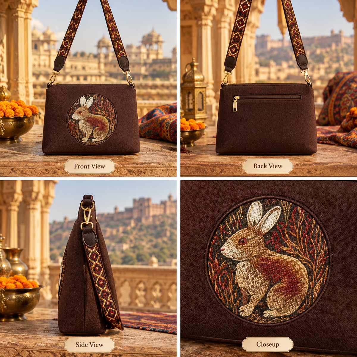 A suede multi-pocket sling bag with a circular embossed center emblem and an adjustable patterned crossbody strap.