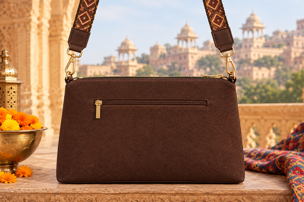 A suede multi-pocket sling bag with a circular embossed center emblem and an adjustable patterned crossbody strap.
