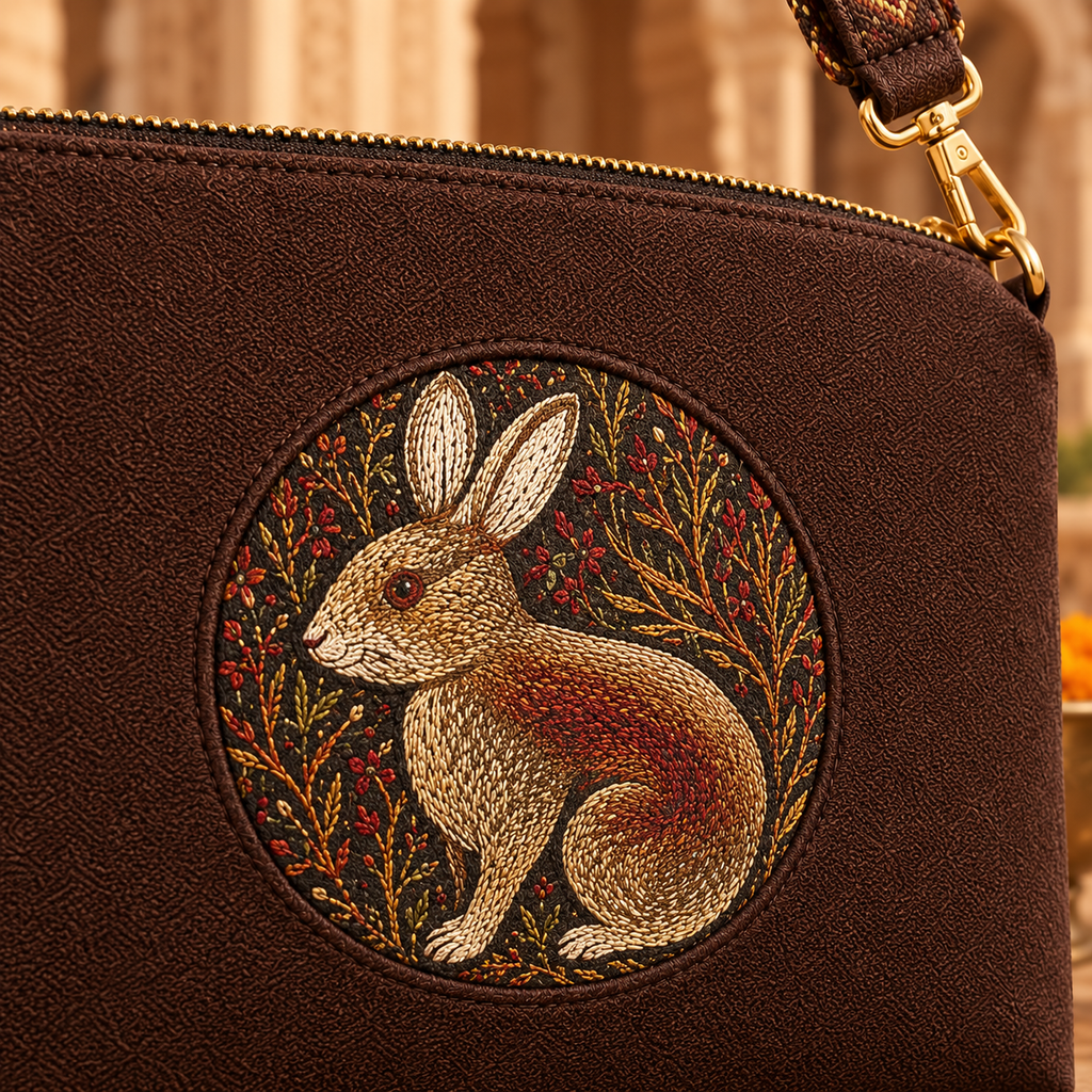 A suede multi-pocket sling bag with a circular embossed center emblem and an adjustable patterned crossbody strap.