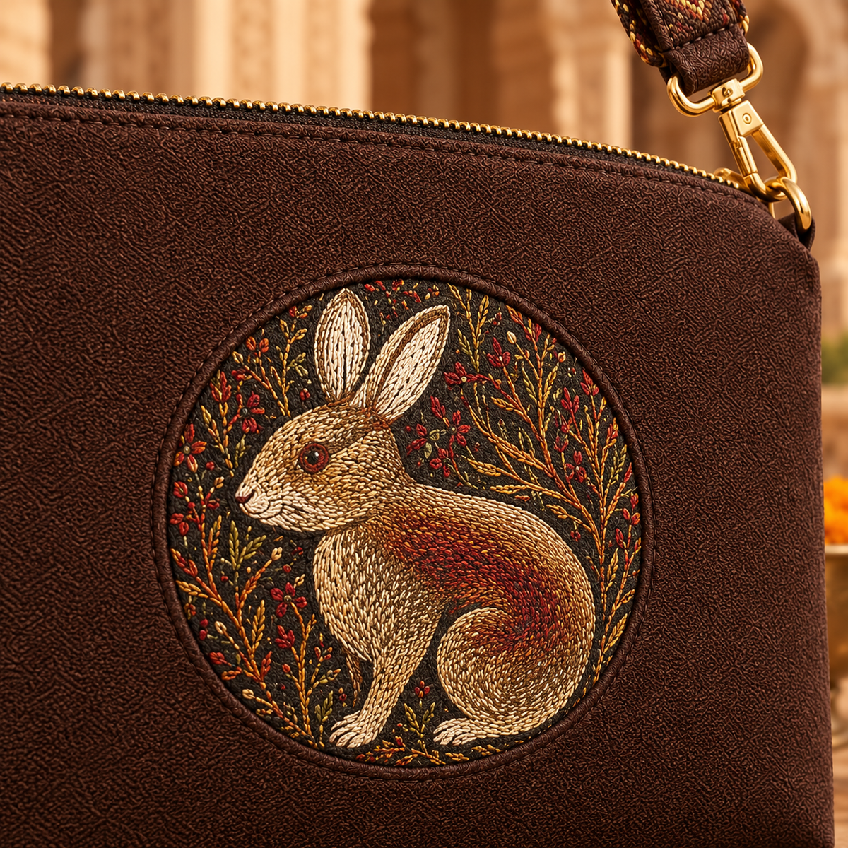 A suede multi-pocket sling bag with a circular embossed center emblem and an adjustable patterned crossbody strap.