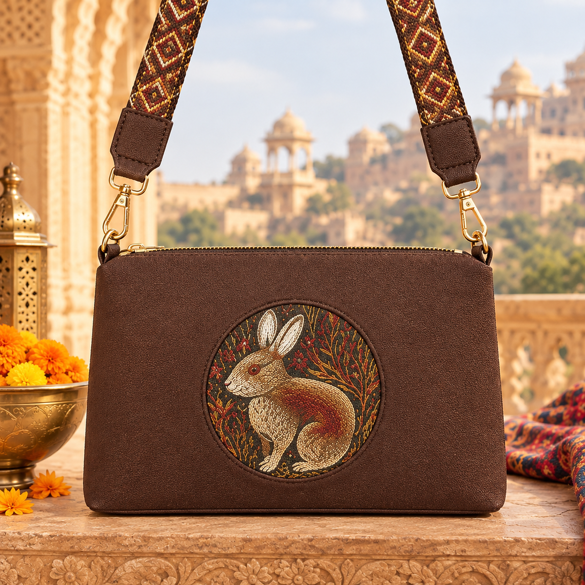 A suede multi-pocket sling bag with a circular embossed center emblem and an adjustable patterned crossbody strap.