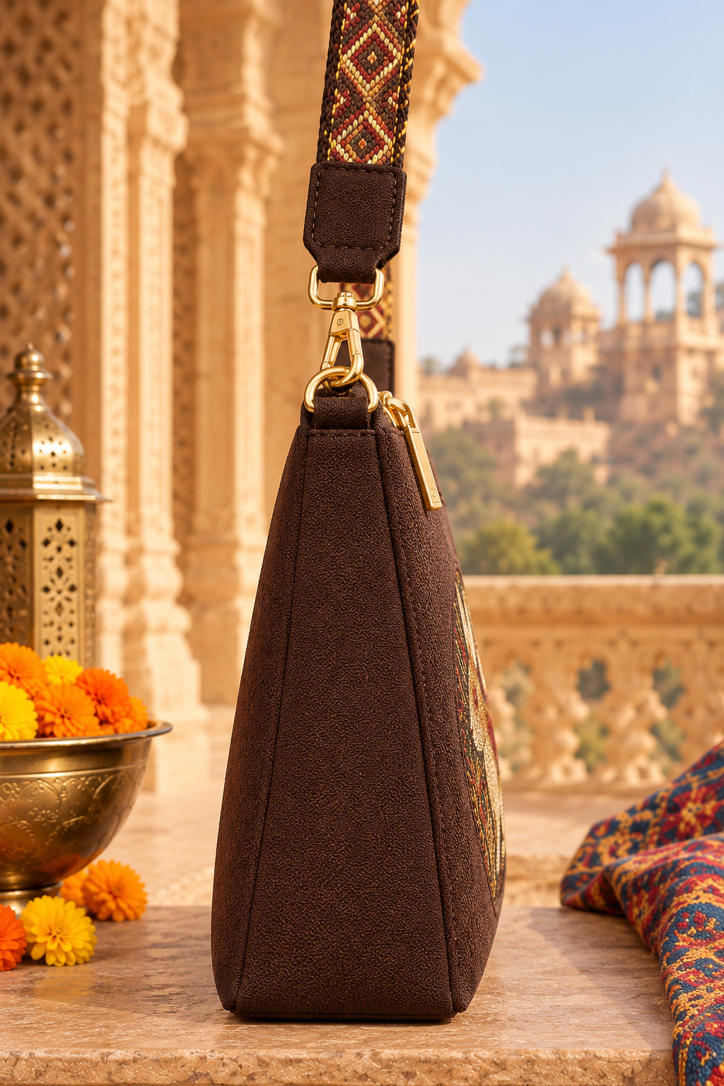 A suede multi-pocket sling bag with a circular embossed center emblem and an adjustable patterned crossbody strap.