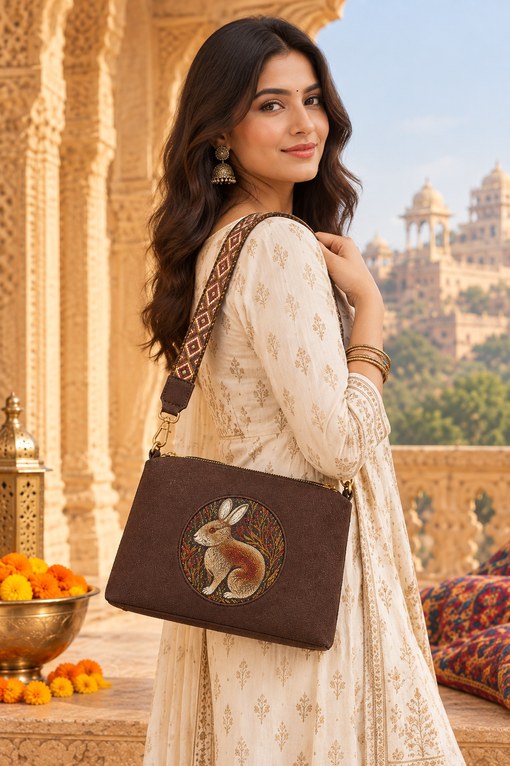 A suede multi-pocket sling bag with a circular embossed center emblem and an adjustable patterned crossbody strap.