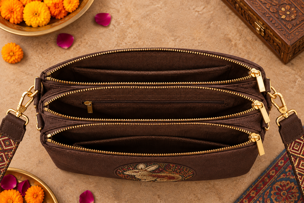 A suede multi-pocket sling bag with a circular embossed center emblem and an adjustable patterned crossbody strap.