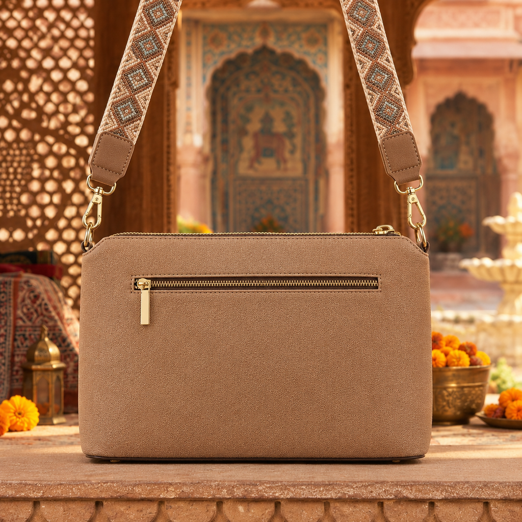 A suede multi-pocket sling bag with a circular embossed center emblem and an adjustable patterned crossbody strap.