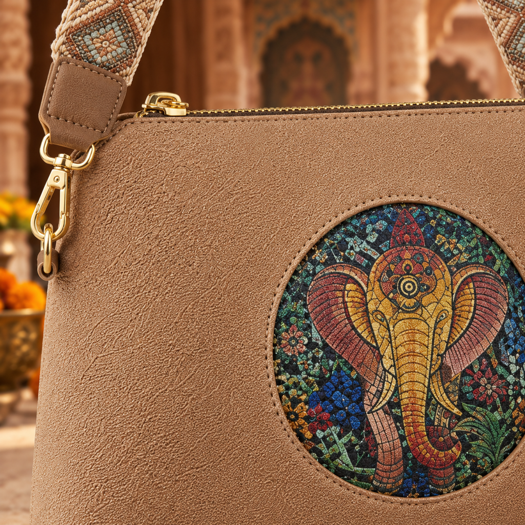 A suede multi-pocket sling bag with a circular embossed center emblem and an adjustable patterned crossbody strap.
