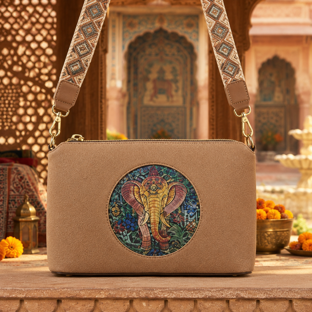 A suede multi-pocket sling bag with a circular embossed center emblem and an adjustable patterned crossbody strap.