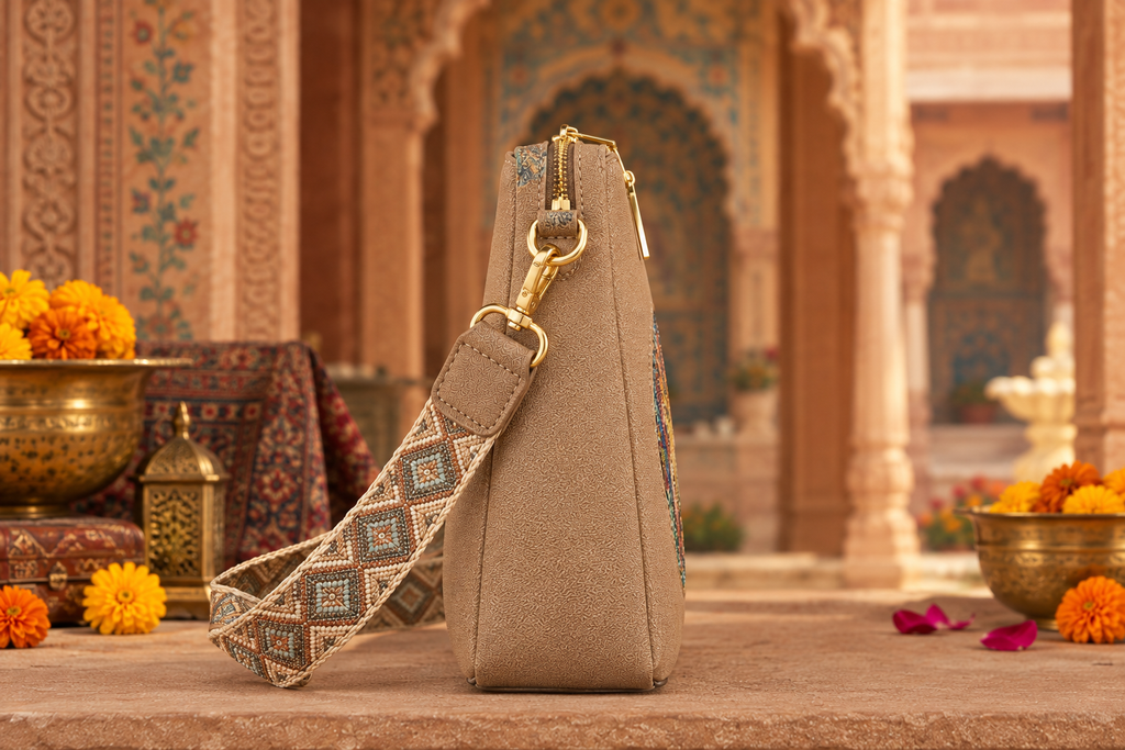 A suede multi-pocket sling bag with a circular embossed center emblem and an adjustable patterned crossbody strap.