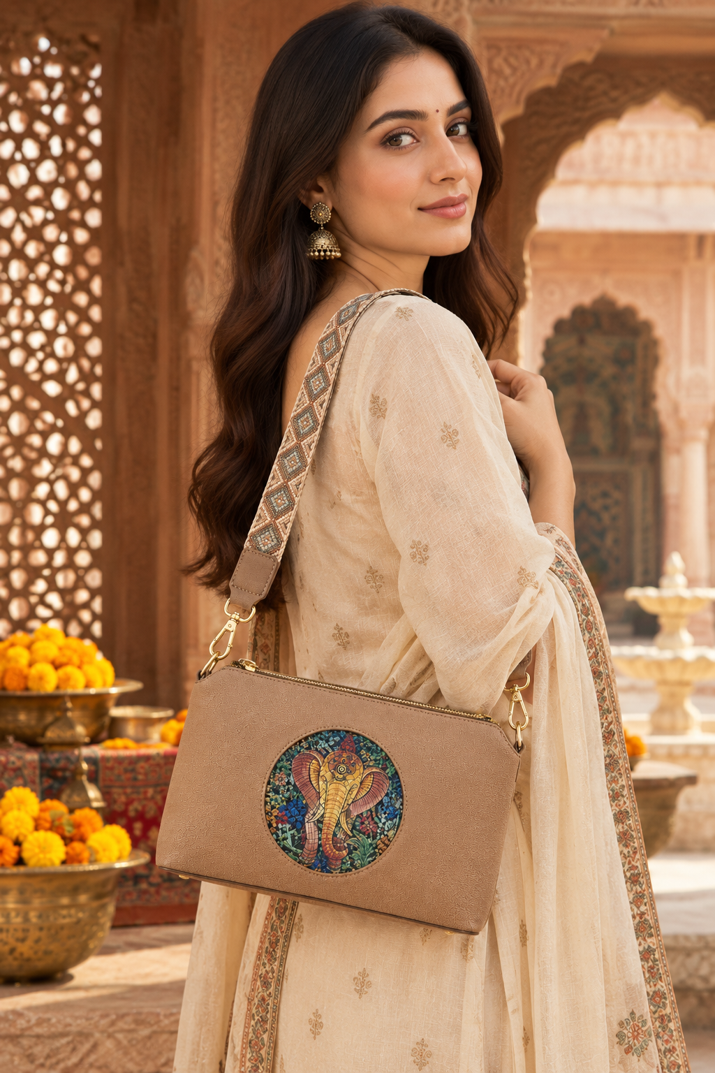 A suede multi-pocket sling bag with a circular embossed center emblem and an adjustable patterned crossbody strap.
