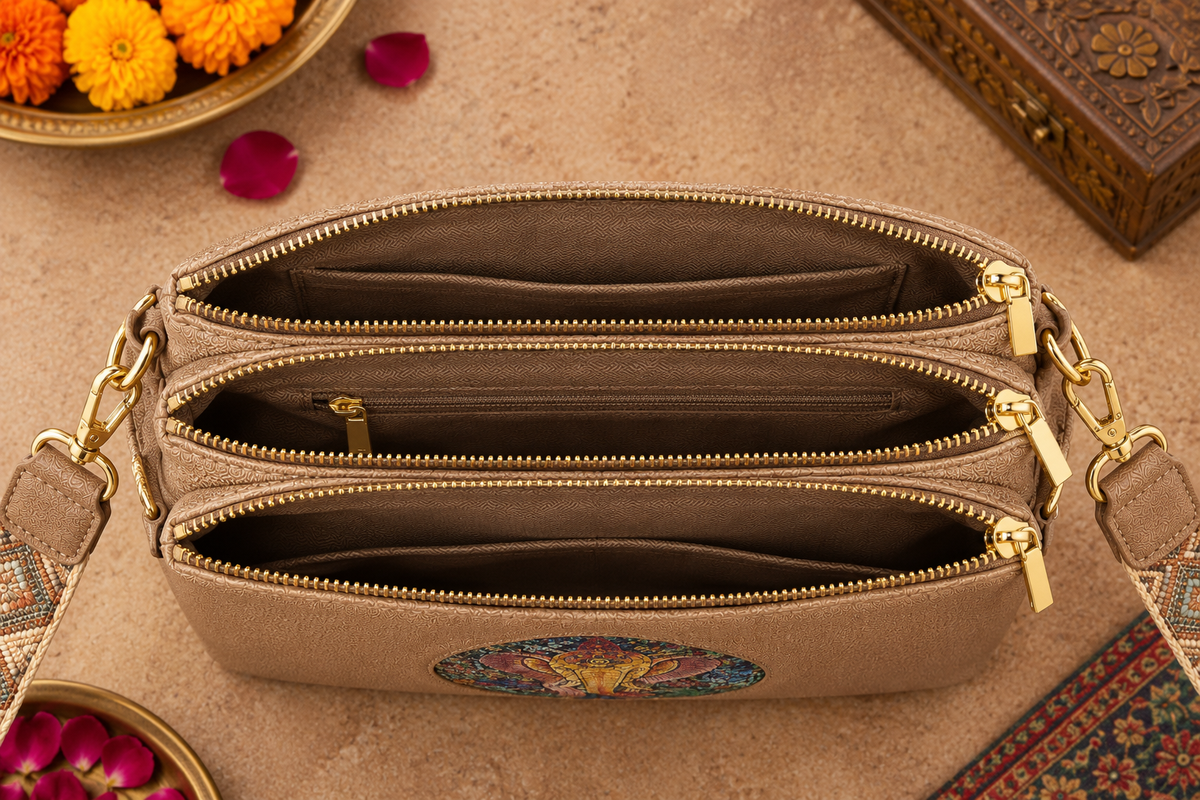 A suede multi-pocket sling bag with a circular embossed center emblem and an adjustable patterned crossbody strap.