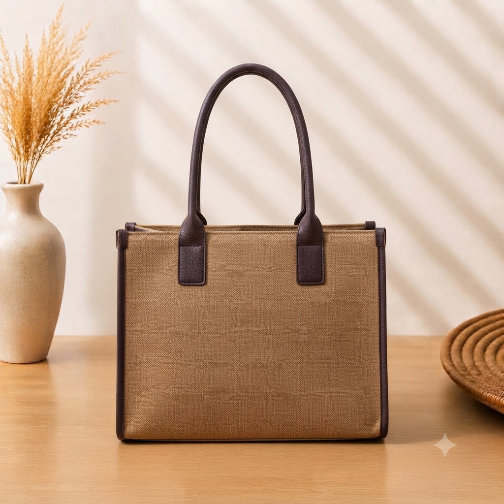 A structured rectangular canvas satchel handbag featuring an intricate circular fringed emblem with an artisanal motif, accented by contrast top handles and a matching detachable shoulder strap.