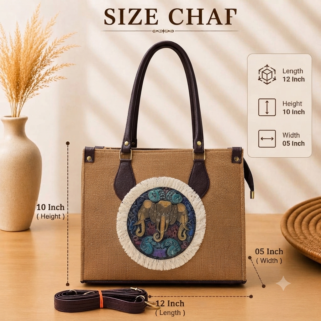 A structured rectangular canvas satchel handbag featuring an intricate circular fringed emblem with an artisanal motif, accented by contrast top handles and a matching detachable shoulder strap.