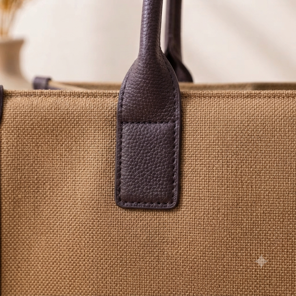 A structured rectangular canvas satchel handbag featuring an intricate circular fringed emblem with an artisanal motif, accented by contrast top handles and a matching detachable shoulder strap.