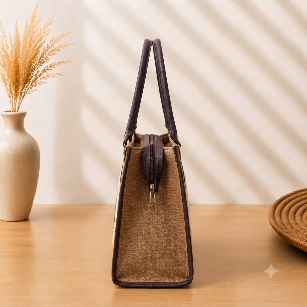 A structured rectangular canvas satchel handbag featuring an intricate circular fringed emblem with an artisanal motif, accented by contrast top handles and a matching detachable shoulder strap.