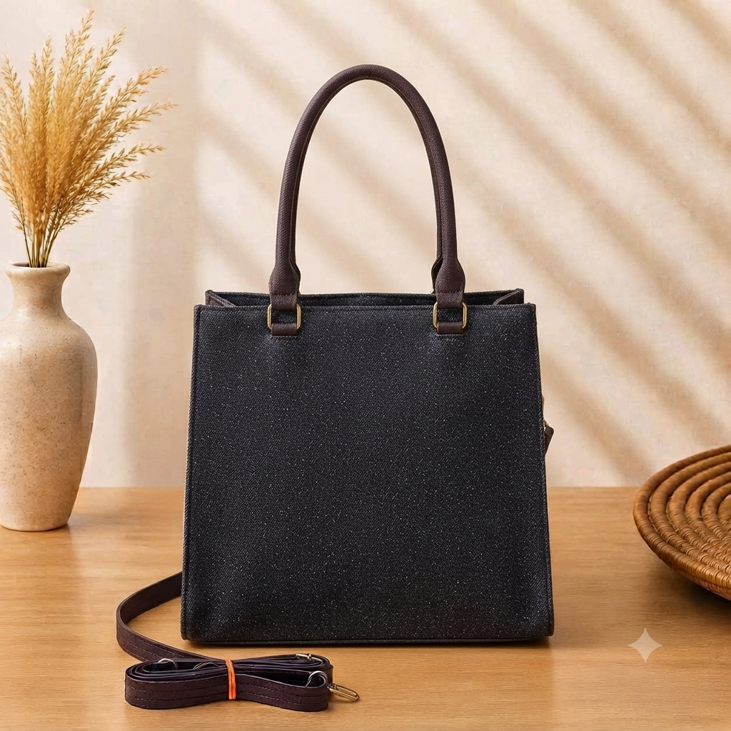 A structured rectangular canvas satchel handbag featuring an intricate circular fringed emblem with an artisanal motif, accented by contrast top handles and a matching detachable shoulder strap.