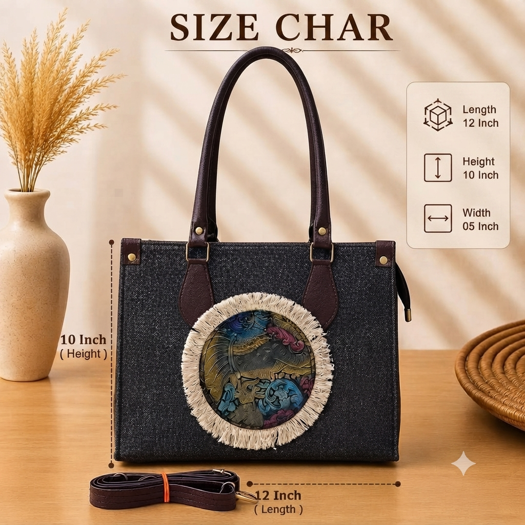 A structured rectangular canvas satchel handbag featuring an intricate circular fringed emblem with an artisanal motif, accented by contrast top handles and a matching detachable shoulder strap.