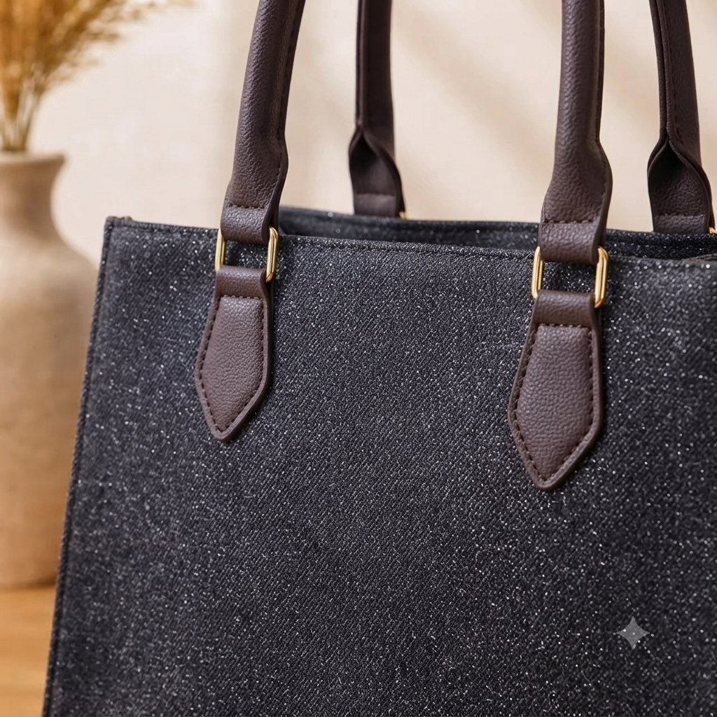 A structured rectangular canvas satchel handbag featuring an intricate circular fringed emblem with an artisanal motif, accented by contrast top handles and a matching detachable shoulder strap.