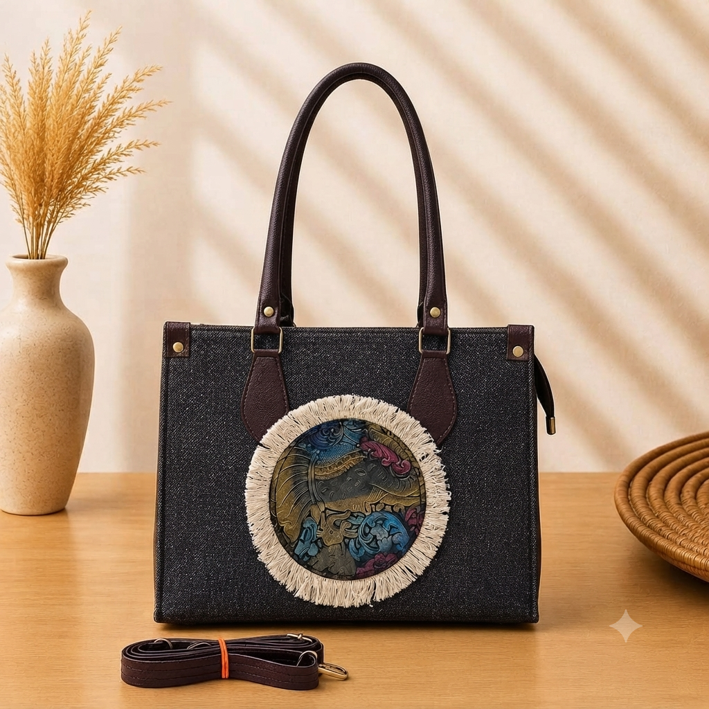 A structured rectangular canvas satchel handbag featuring an intricate circular fringed emblem with an artisanal motif, accented by contrast top handles and a matching detachable shoulder strap.