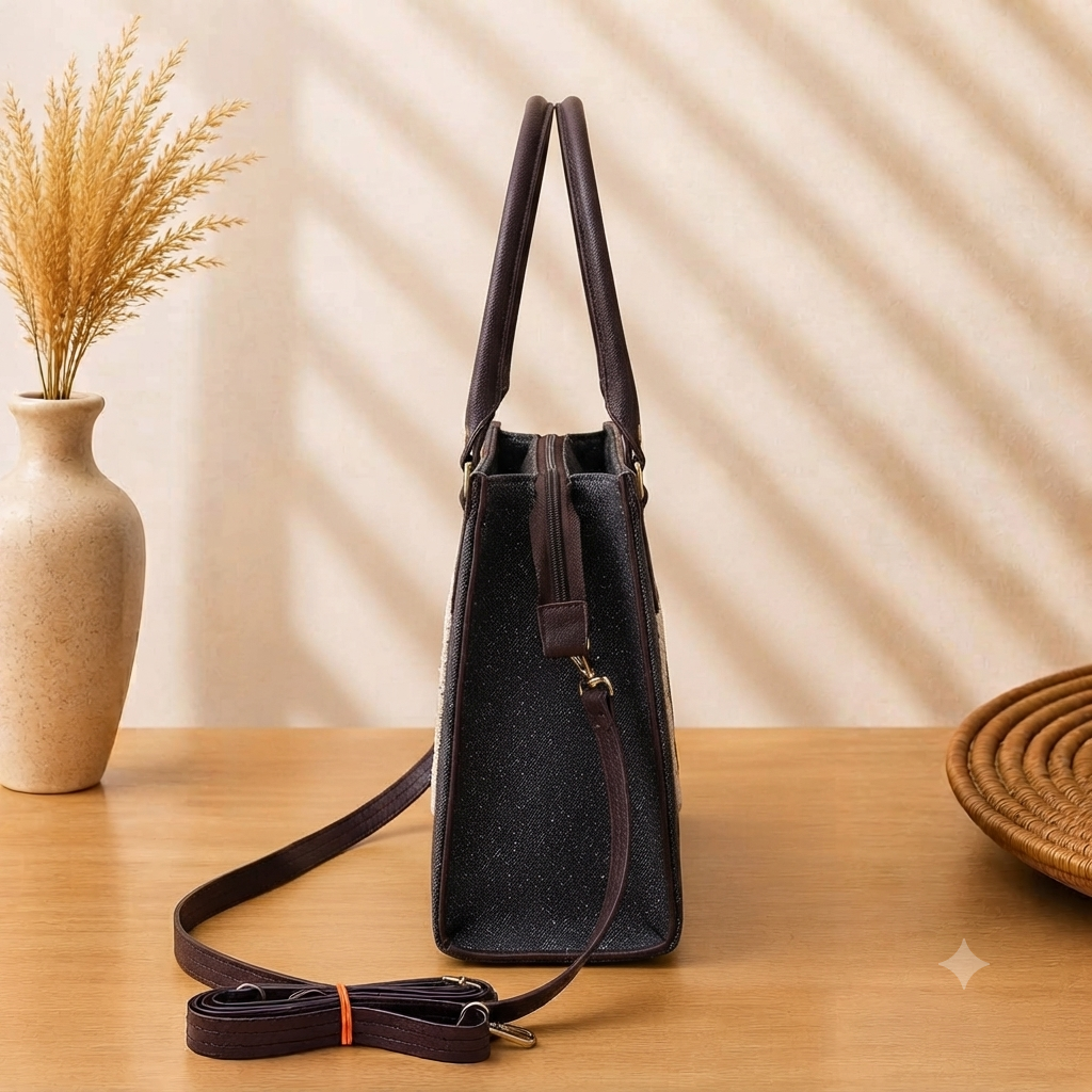 A structured rectangular canvas satchel handbag featuring an intricate circular fringed emblem with an artisanal motif, accented by contrast top handles and a matching detachable shoulder strap.