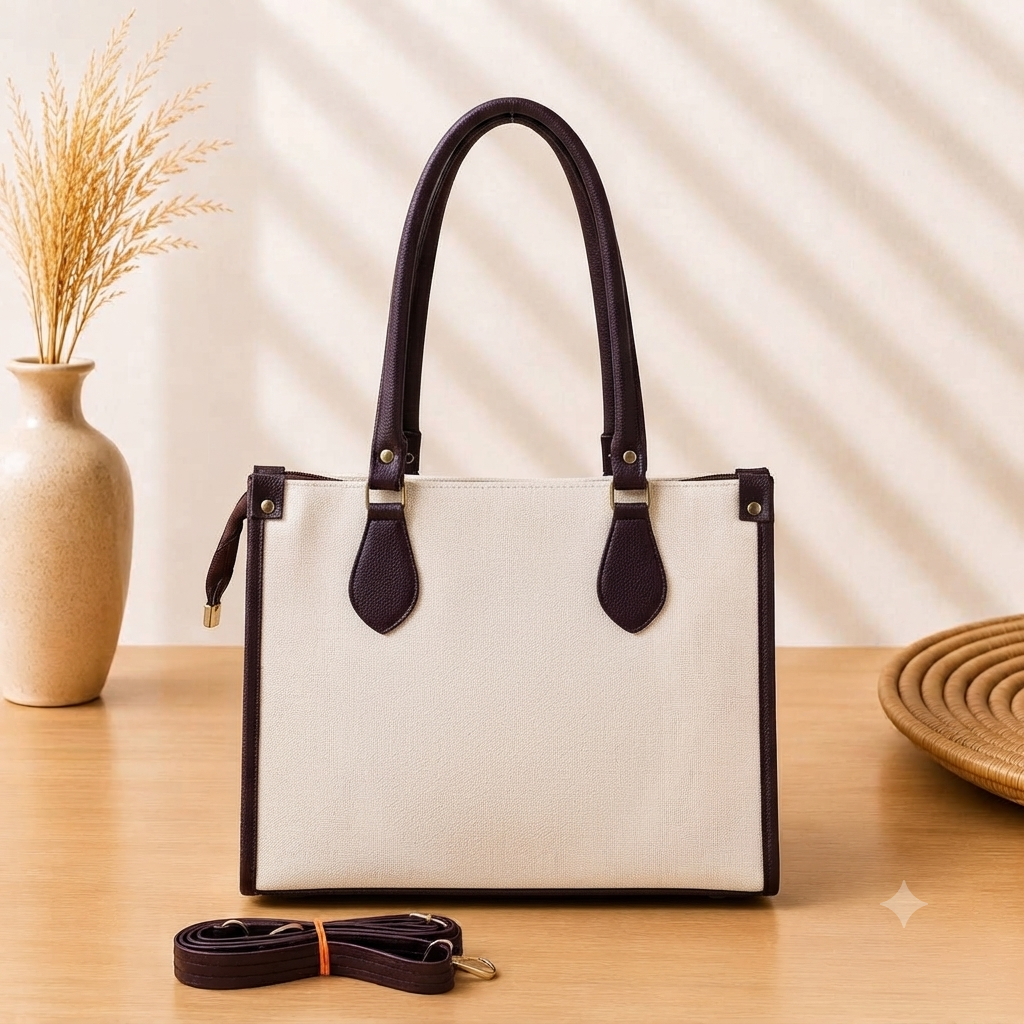 A structured rectangular canvas satchel handbag featuring an intricate circular fringed emblem with an artisanal motif, accented by contrast top handles and a matching detachable shoulder strap.