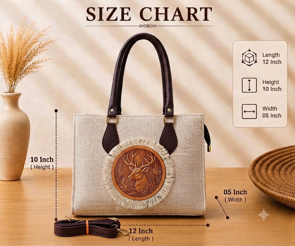 A structured rectangular canvas satchel handbag featuring an intricate circular fringed emblem with an artisanal motif, accented by contrast top handles and a matching detachable shoulder strap.