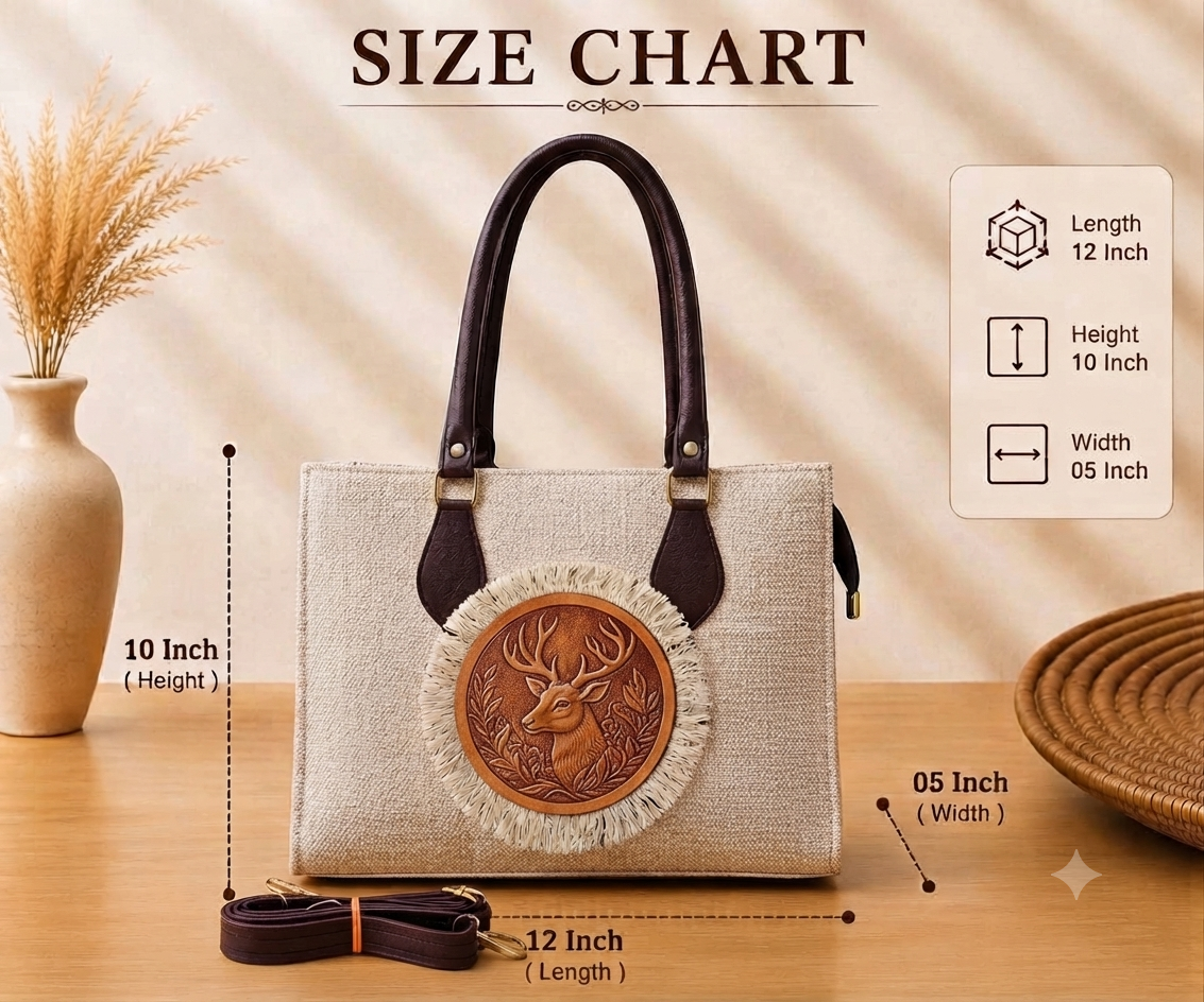 A structured rectangular canvas satchel handbag featuring an intricate circular fringed emblem with an artisanal motif, accented by contrast top handles and a matching detachable shoulder strap.